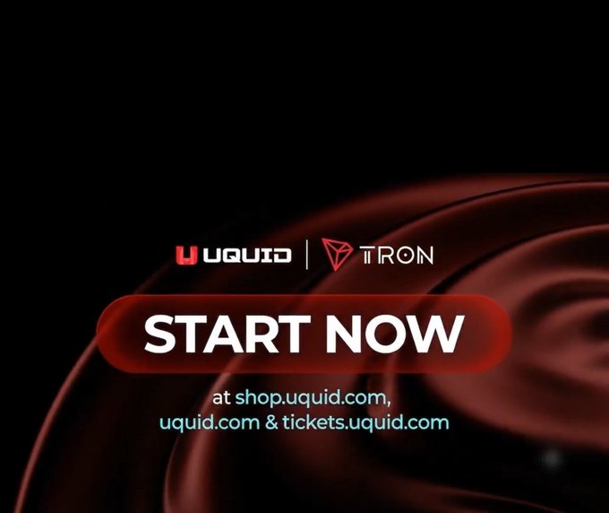 A promotional graphic on a dark red background advertising 'UQUID | TRON' with a 'START NOW' button and links to shop.uquid.com, uquid.com, and tickets.uquid.com.