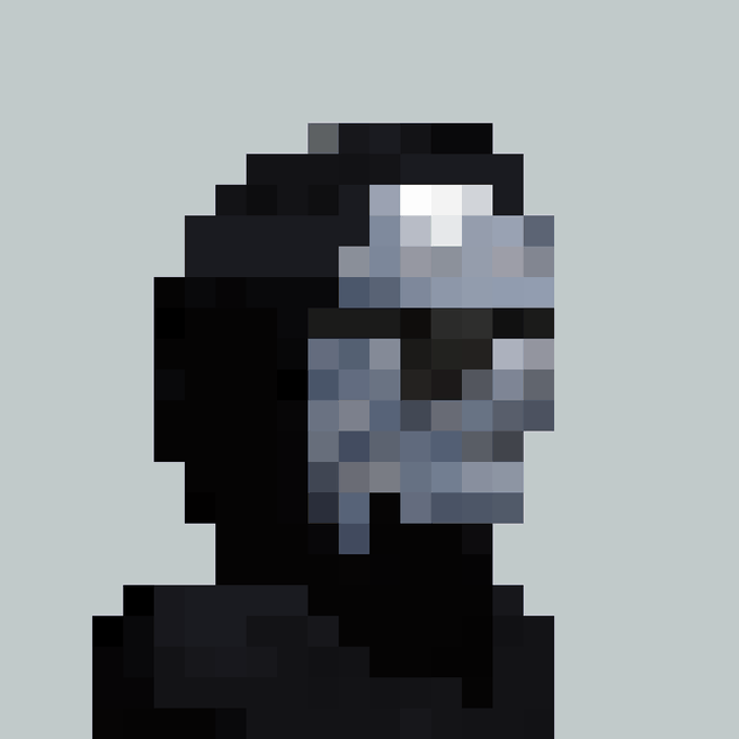 A highly pixelated, low-resolution portrait of a figure in a black hood or mask against a light blue background.
