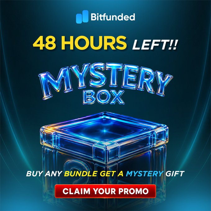 A Bitfunded promotional graphic with "48 HOURS LEFT!!" and "MYSTERY BOX" headlines above a glowing blue 3D box, featuring a "CLAIM YOUR PROMO" call-to-action button. The image visually reinforces the post's final 48-hour countdown message, urging viewers to claim their mystery gift bundle before the promotion expires.