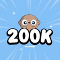 A celebratory graphic displays '200K' in bold white letters with a small brown cartoon character peeking from behind, set against a blue radial gradient background.
