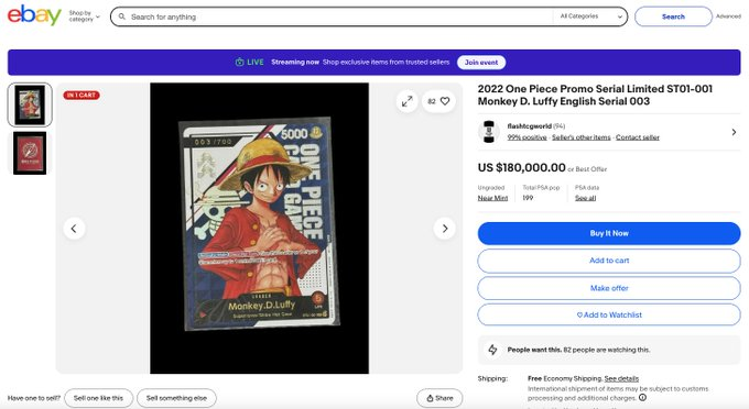 The image shows an eBay listing for a "2022 One Piece Promo Serial Limited ST01-001 Monkey D. Luffy English Serial 003" card priced at US $180,000, originally sold for $14,000 months prior. The listing relates directly to the post, as it illustrates the dramatic price appreciation of the One Piece card the seller regrets selling early, now approaching six figures.