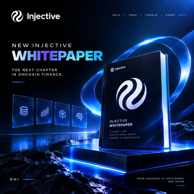 Promotional graphic for the new Injective Whitepaper titled 'The Next Chapter in Onchain Finance,' featuring a 3D book mockup with text including 'Build / Trade / Tokenize / Power,' '$INJ,' and 'From Issuance to Settlement, One Chain.'