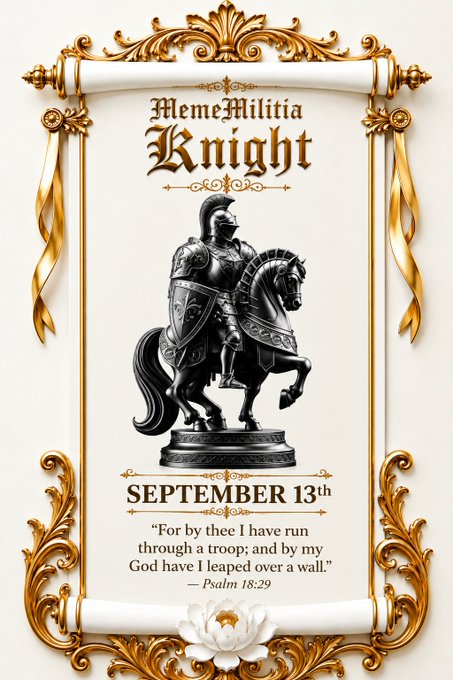 An ornate golden scroll-style certificate titled 'MemeMilitia Knight' dated September 13th, featuring a knight on horseback statue and the Bible verse Psalm 18:29 'For by thee I have run through a troop; and by my God have I leaped over a wall.'