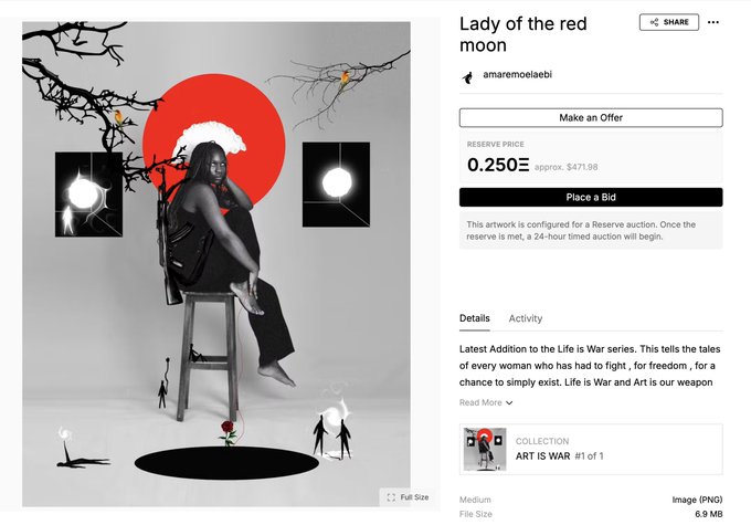 A screenshot of an NFT marketplace listing for 'Lady of the red moon' by 'amaremolaesebi' with a reserve price of '0.250Ξ', featuring black and white artwork with red accents.