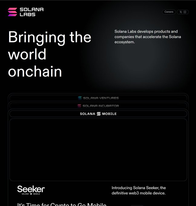 A screenshot of the Solana Labs website homepage featuring the tagline 'Bringing the world onchain' and listing divisions including Solana Ventures, Solana Incubator, Solana Mobile, and the Solana Seeker device.