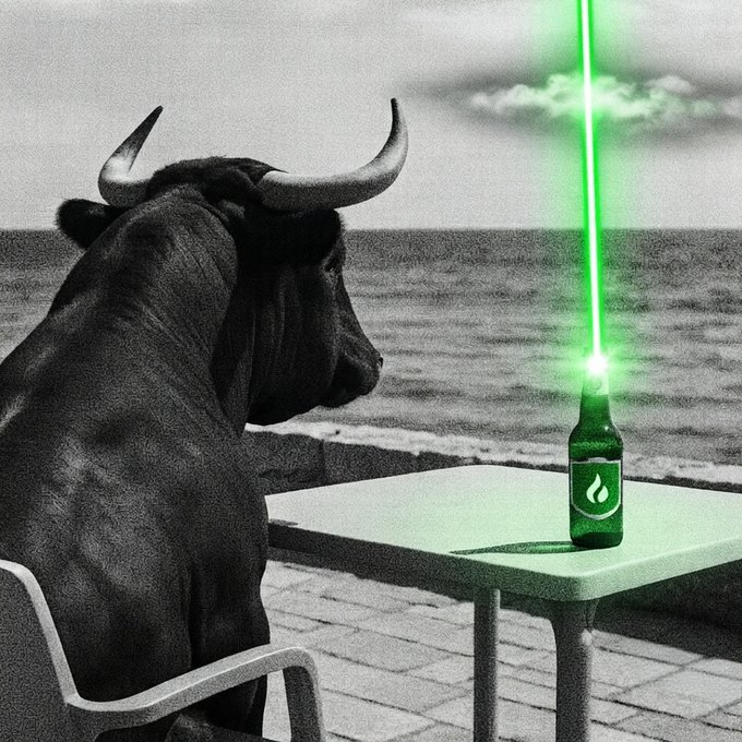 A muscular bull sits at a seaside table gazing at a green beer bottle that emits a glowing green laser beam into the cloudy sky, fitting the "weekend aura farming" theme with its surreal, bullish crypto energy.