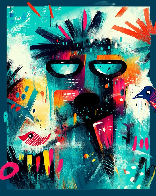 A colorful abstract illustration features a face with closed eyes rendered in turquoise, pink, and yellow hues.