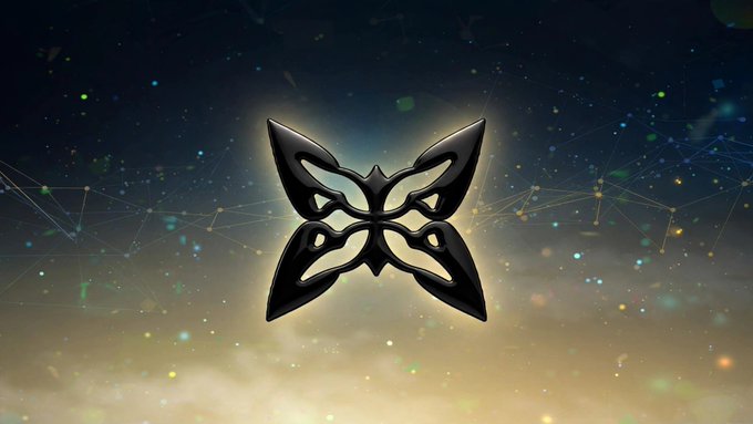A black butterfly or bowtie-shaped emblem displayed against a cosmic background with stars and glowing network connection lines.