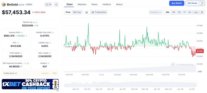 A CoinMarketCap chart showing BinGold (BIGOD) trading at $57,453.34, down 0.01% (24h), with a $229.62M market cap, 637 holders, and a 1-month price chart displaying minor fluctuations between approximately $7.44K-$7.48K, illustrating the token's stability mentioned in the market update.