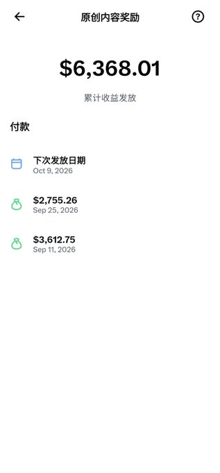 The image shows a mobile app screen titled "原创内容奖励" (Original Content Rewards) displaying cumulative earnings of $6,368.01, with a next payout date of Oct 9, 2026, and recent payments of $2,755.26 (Sep 25, 2026) and $3,612.75 (Sep 11, 2026).

The screenshot confirms the post's mention of a $2,755 half-month payment, while also revealing the cumulative total of over $6,368 and the upcoming Oct 9 payout date, illustrating the user's steady earnings from writing original content.