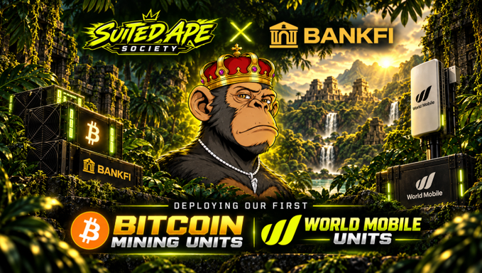 A promotional graphic for Suited Ape Society and BankFi announcing the deployment of their first Bitcoin Mining Units and World Mobile Units, featuring a crowned chimpanzee wearing a pearl necklace alongside servers branded with Bitcoin and World Mobile logos.