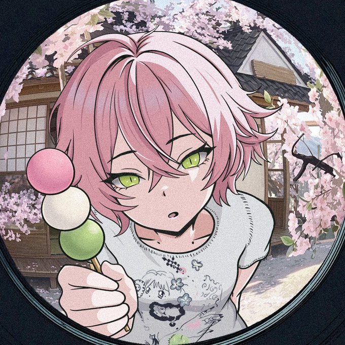 An anime-style illustration of a pink-haired girl with green eyes holding tri-colored dango on a stick, viewed through a circular frame with cherry blossoms and traditional Japanese architecture behind her.