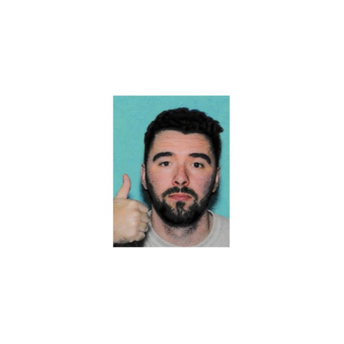 A photo of a bearded man giving a thumbs-up against a light blue wall, resembling a passport or ID photo.