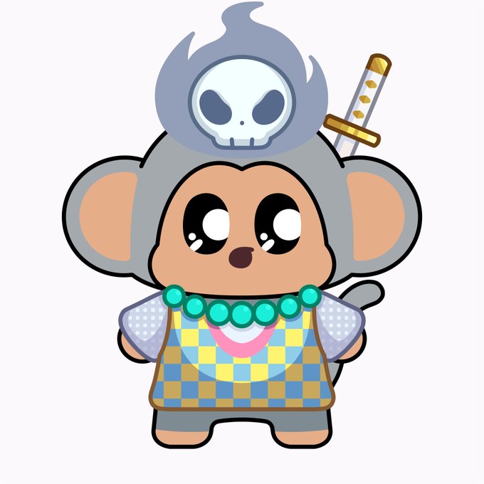 A cartoon illustration of a cute monkey character wearing a grey hood with a skull and flame design, carrying a sword on its back, and dressed in a colorful checkered apron with a beaded necklace.