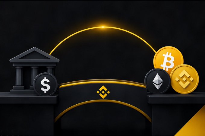 A graphic illustration showing a traditional bank building with a dollar coin on one side, connected by a golden bridge to cryptocurrency coins (Bitcoin, Ethereum, and Binance Coin) on the other side.