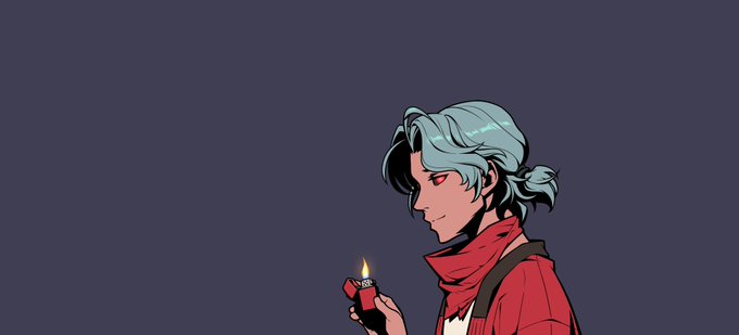An anime-style digital illustration of a character with light blue hair in a ponytail, wearing a red jacket and scarf, holding a lit lighter against a dark background.