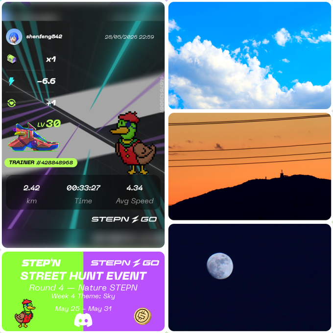 The image features a collage of four photos, each depicting different aspects related to the "Street Hunt" event posted by the user. The first photo shows a bird flying over a mountain range at sunset with a cloudy sky as the backdrop. The second photo displays a bird on a track wearing a red hat and sneakers. The third photo captures another bird in action during the Street Hunt event, while the fourth photo features a bird soaring through the air above a mountain range under an orange sky.