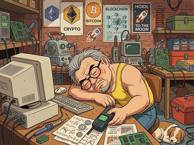 A cartoon illustration of an exhausted, gray-haired man with glasses slumped over a desk in a workshop filled with electronics, cryptocurrency posters, and circuit boards, holding a multimeter.