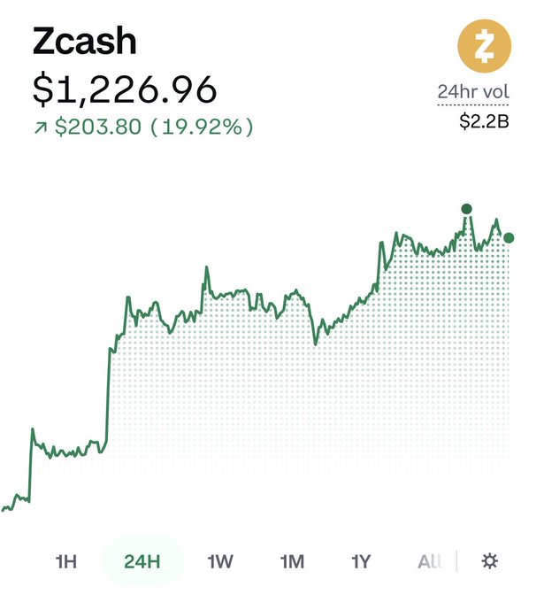 A cryptocurrency price chart for Zcash (ZEC) showing a current price of $1,226.96, up $203.80 (19.92%) over 24 hours, with a 24-hour trading volume of $2.2B and a 24H timeframe selected.