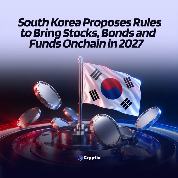 The graphic displays the headline "South Korea Proposes Rules to Bring Stocks, Bonds and Funds Onchain in 2027" above a 3D render of the South Korean flag on a flagpole, surrounded by metallic coins resting on a circular platform with red and blue lighting, and the "Cryptic" logo at the bottom.