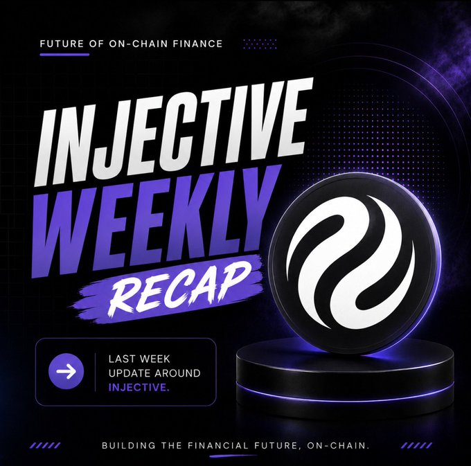 A purple and black promotional graphic titled 'INJECTIVE WEEKLY RECAP' with the subtitle 'FUTURE OF ON-CHAIN FINANCE', featuring the Injective logo and text 'BUILDING THE FINANCIAL FUTURE, ON-CHAIN'.