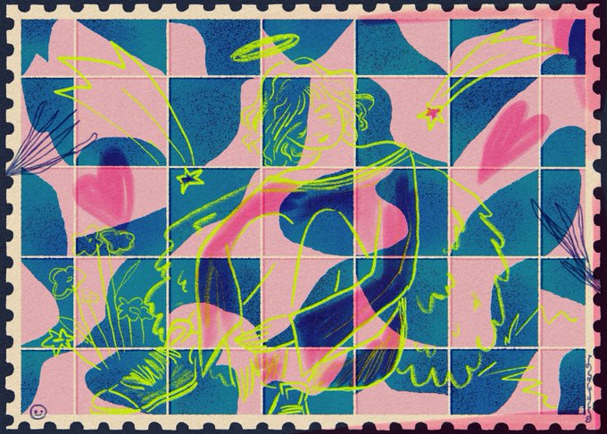 A stylized fictional postage stamp features a grid of pink and blue geometric tiles overlaid with a yellow-green line illustration of a figure, fitting the caption's note that it was inspired by Athos Bulcão's geometric tile work and marks the final edition (5/5) of the "ruined stamp pt. II" piece for the #WALLS event.