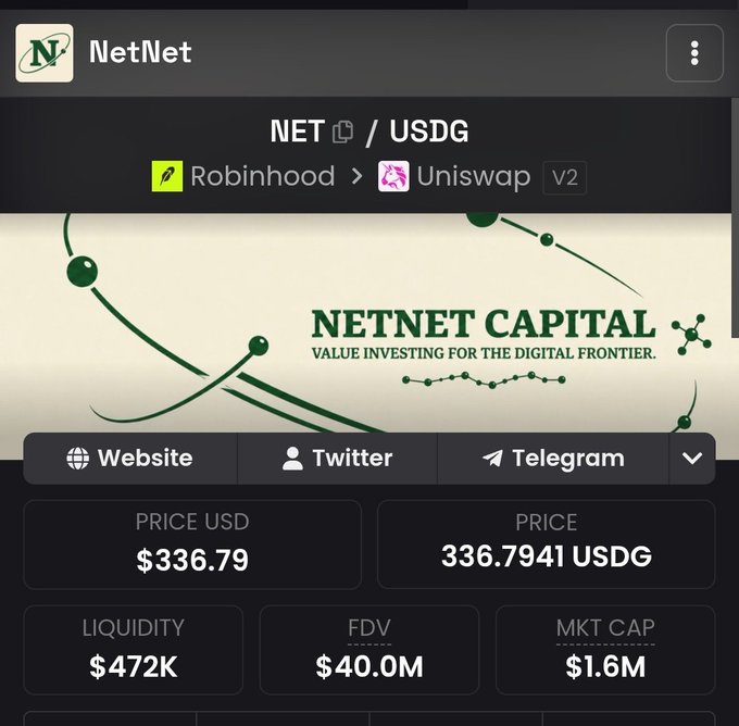 A mobile app screen displaying cryptocurrency information for NetNet (NET/USDG), with a price of $336.79, liquidity of $472K, FDV of $40.0M, and market cap of $1.6M.