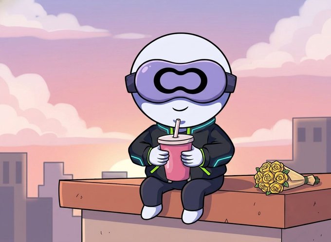 A cartoon mascot character wearing a purple visor and black jacket, sitting on a ledge at sunset holding a pink drink with a bouquet of yellow roses beside it.