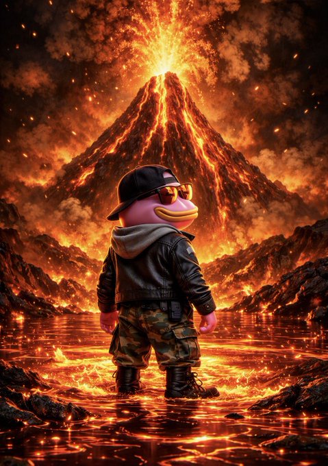 A stylized duck character in a backwards cap, sunglasses, leather jacket, and camo cargo pants stands at the edge of a fiery lava lake, gazing up at an erupting volcano that towers into a glowing, ash-filled sky—perfectly embodying the post's message of "The greatest chapters haven't been written yet," as the small figure stands boldly before the overwhelming, untamed power of nature.