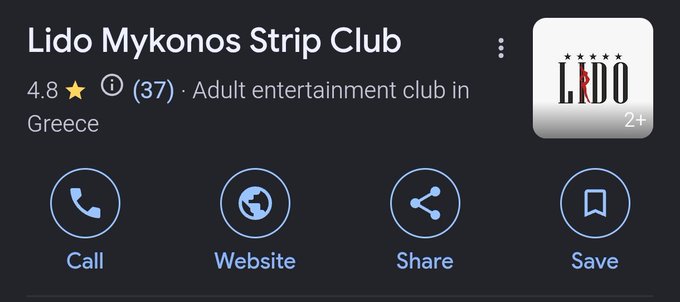 A screenshot of a Google Maps business listing for 'Lido Mykonos Strip Club', rated 4.8 stars with 37 reviews, categorized as an 'Adult entertainment club in Greece', with the LIDO logo showing a 2+ rating.