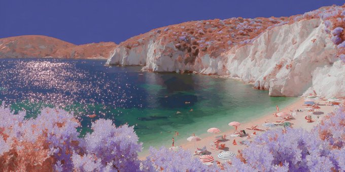 A vibrant beach scene with turquoise waters, limestone cliffs, sunbathers, and colorful umbrellas along the shore, framed by purple foliage. The image's sun-drenched, idyllic atmosphere visually contrasts with the post's mention of high-yield USD junior returns, suggesting a lifestyle funded by strong investment compounding.