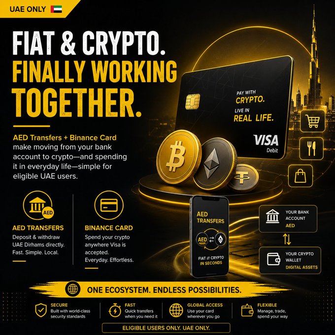 The image is a promotional graphic for a UAE-only service featuring a Binance Visa Debit card and Bitcoin/Ethereum coins, with the headline "FIAT & CRYPTO. FINALLY WORKING TOGETHER." It illustrates how AED Transfers and the Binance Card allow eligible UAE users to seamlessly convert between their bank accounts and crypto for everyday spending, supporting the post's message about bridging the gap between traditional and digital finance.