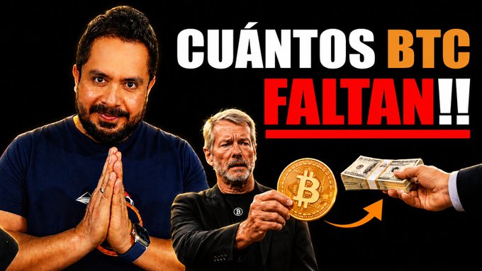 A YouTube thumbnail featuring two men alongside a Bitcoin coin and cash graphic, with bold text reading "CUÁNTOS BTC FALTAN!!" (How many BTC are left!!), illustrating the video's discussion about Strategy's remaining Bitcoin holdings and the potential impact of the CLARITY Act on BTC's price recovery.