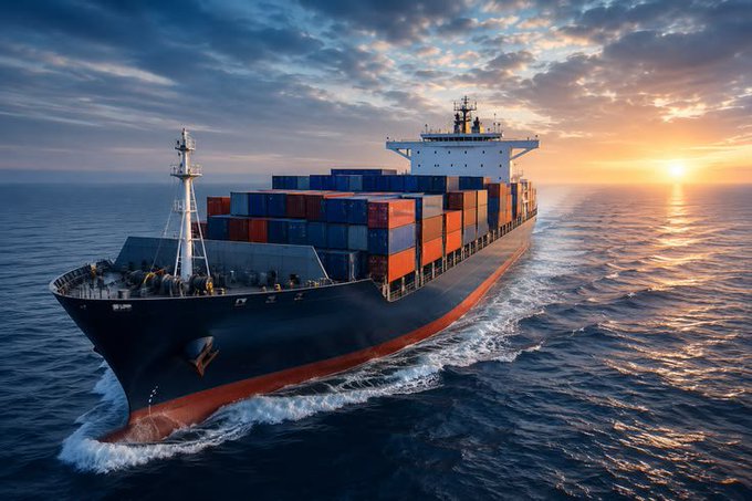 A large cargo ship loaded with multi-colored shipping containers sails across the ocean at sunset, with the sun low on the horizon reflecting off the water.
