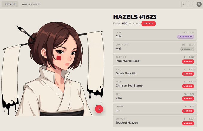 A close-up view of the NFT "HAZELS #1623," featuring an anime-style female character with brown hair, a red face mark, and a brush through her hair, dressed in a Paper Scroll Robe from the "Brush of Heaven" edition with a Mythic rank of #20. The image showcases the detail and craftsmanship behind the Hazels NFT project, reflecting the post's praise for its quality and the creator's long-term commitment to building and supporting the collection.