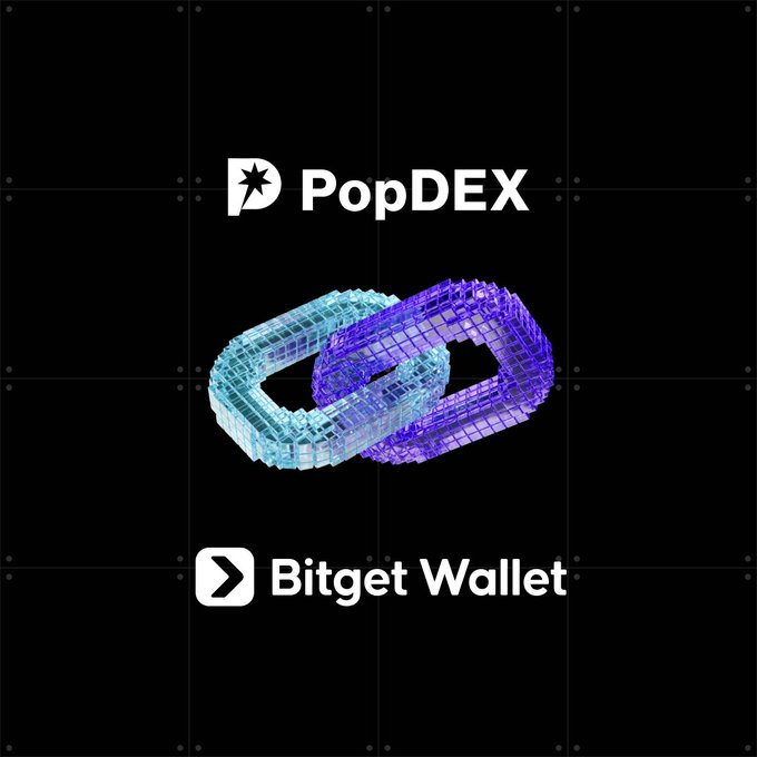 The image features a partnership graphic with the "PopDEX" logo at the top, the "Bitget Wallet" logo at the bottom, and two interlocking 3D ring shapes in teal and purple at the center, symbolizing the integration between the two platforms. The visual represents the collaboration announced in the post, where Bitget Wallet is integrating PopDEX to enhance the onchain perps trading experience for professional traders.
