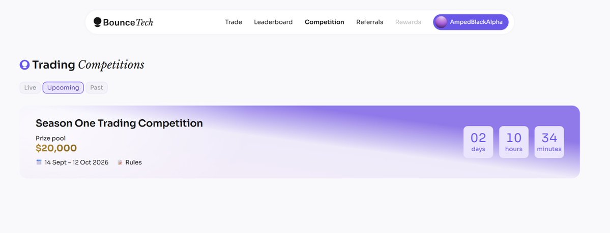 A screenshot of the "BounceTech" website showing the "Trading Competitions" page, highlighting an "Upcoming" competition titled "Season One Trading Competition" with a $20,000 prize pool running from 14 Sept - 12 Oct 2026, and a countdown timer.