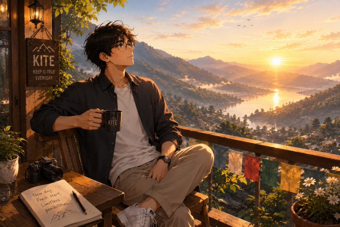 An anime-style illustration of a young man with glasses sitting on a wooden balcony holding a 'KITE' mug, with a mountain valley and sunset in the background, and a notebook showing 'New day, Fresh start, Limitless possibilities'.