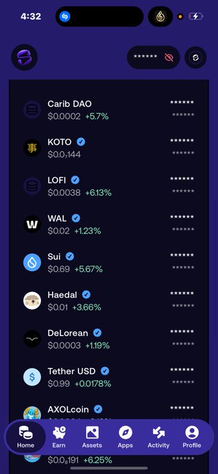 A Phantom wallet mobile app screenshot showing a crypto asset list including Carib DAO, KOTO, LOFI, WAL, Sui, Haedal, DeLorean, Tether USD, and AXOLcoin with their respective prices and percentage changes.