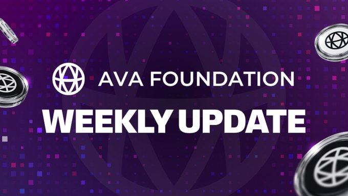 A promotional graphic with a purple pixelated background displaying the text 'AVA FOUNDATION WEEKLY UPDATE' with a circular logo.