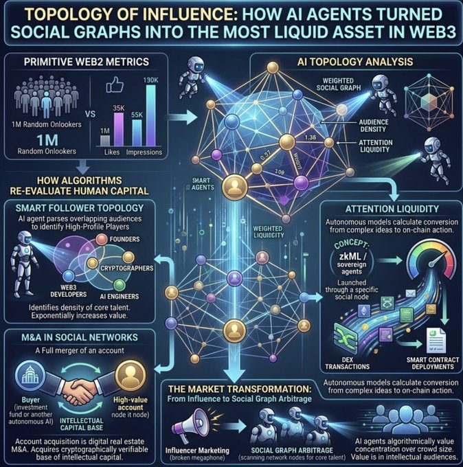 An infographic illustrating how AI agents analyze social graph topology to convert influence into a liquid Web3 asset, comparing primitive Web2 metrics (1M followers, 35K likes, 55K impressions, 130K) with advanced concepts like Smart Follower Topology, M&A in Social Networks, Attention Liquidity, and DEX transactions through weighted social graphs and market transformation megaphones.