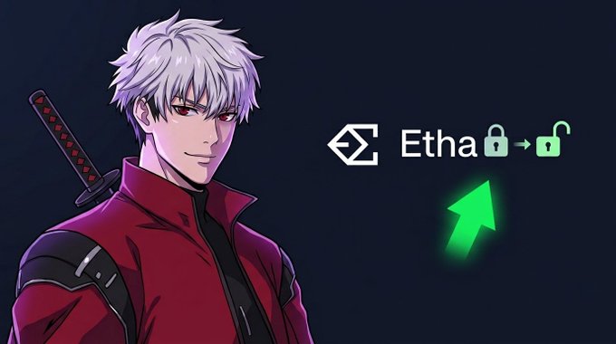 An anime-style illustration of a silver-haired character in a red jacket with a katana on his back, next to an 'Ethax' logo showing unlocked padlocks and a glowing green upward arrow.