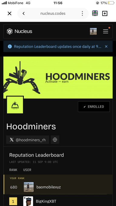 Mobile screenshot of a Nucleus.codes page for 'Hoodminers' (@hoodminers_rh), showing 'ENROLLED' status and a Reputation Leaderboard with user baomobilexyz ranked 680.