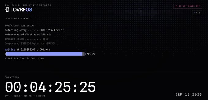 The image shows a firmware flashing screen for QVRF OS by Quip Network, displaying a 98.9% complete flash of qvrf-flash v26.09.10 with a countdown timer at 00:04:25:25 dated SEP 10 2026. This technical display relates to the Quip Network promotion by showcasing the blockchain infrastructure preparation behind the 1000-supply free mint collection.