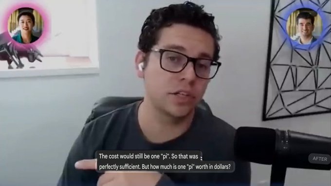 A man with glasses speaks into a microphone during a video call, with subtitles reading 'The cost would still be one "pi". So that was perfectly sufficient. But how much is one "pi" worth in dollars?'
