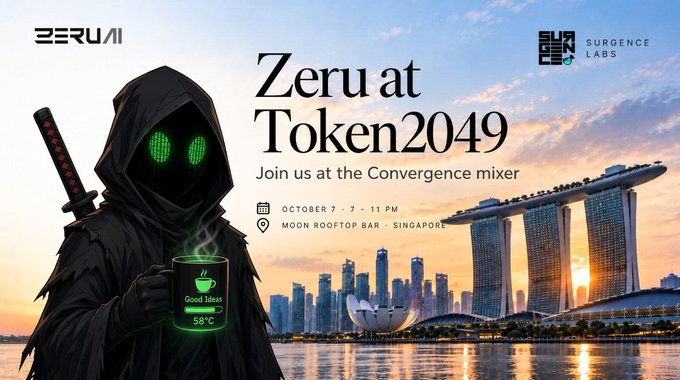 A promotional graphic for 'Zeru at Token2049' event hosted by Surgence Labs and Zeru AI, featuring a hooded ninja character holding a 'Good Ideas 58°C' mug, set against a Singapore skyline at sunset, scheduled for October 7, 7-11 PM at Moon Rooftop Bar.