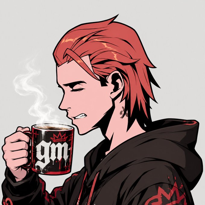 Anime-style illustration of a red-haired character in a black hoodie sipping from a black mug with 'gm' and a red crown printed on it.
