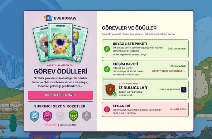 A screenshot from the Everdrew game interface in Turkish, displaying the 'Missions and Rewards' (Görevler ve Ödüller) screen for Season 1, showing completed and locked objectives.
