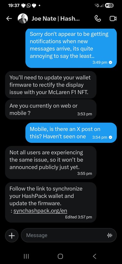 The image shows a screenshot of a text message conversation between two people, with one person's name being @hashpack. The conversation appears to be about an issue or problem that needs to be addressed.