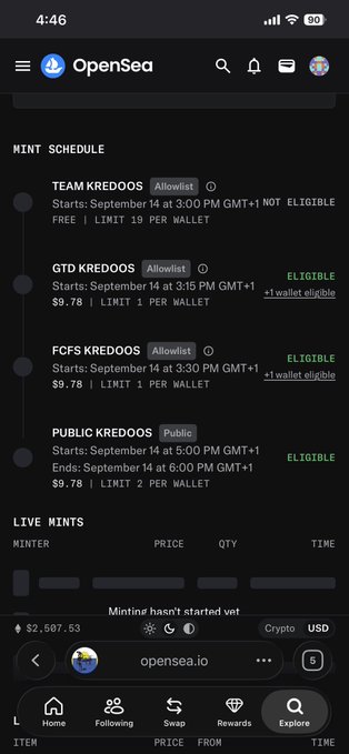 A mobile screenshot of the OpenSea app showing a 'MINT SCHEDULE' with entries for 'TEAM KREDOOS', 'GTD KREDOOS', 'FCFS KREDOOS', and 'PUBLIC KREDOOS' on September 14, with prices of $9.78 and various eligibility statuses.
